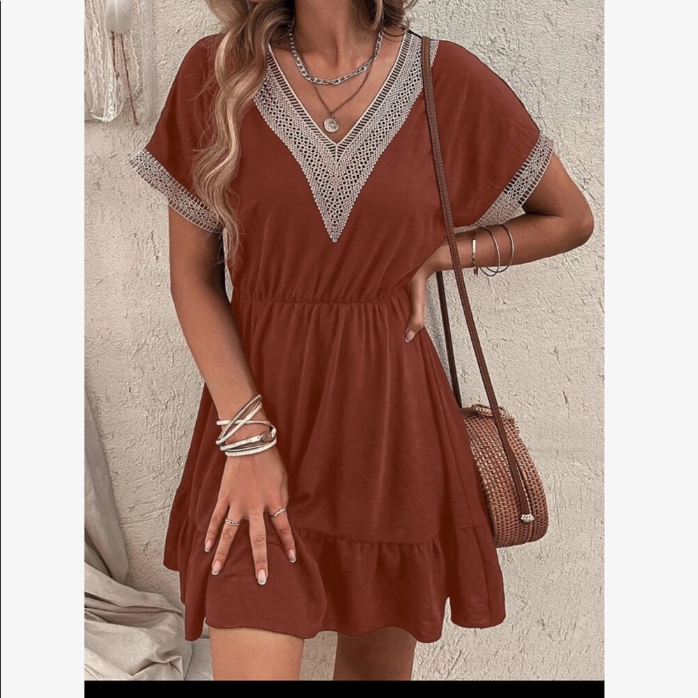 Boho Sheer Mesh Crochet Lace Flounce Sleeve Ruffle Dress - Picture 1 of 15